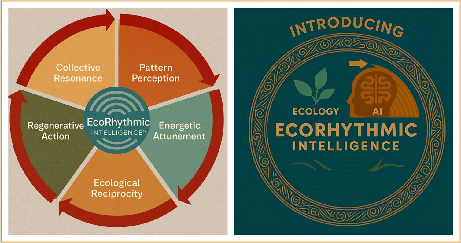 A circular infographic illustrating the EcoRhythmic Intelligence™ framework. Five colored segments form a continuous cycle, each labeled with a core principle: Collective Resonance, Pattern Perception, Energetic Attunement, Ecological Reciprocity, and Regenerative Action. Red arrows connect each segment, showing movement around the circle. At the center is a teal circle with wave-like lines and the text “EcoRhythmic Intelligence™.” The design uses warm earth tones and a clean layout to convey flow, balance, and interconnected ecological processes.