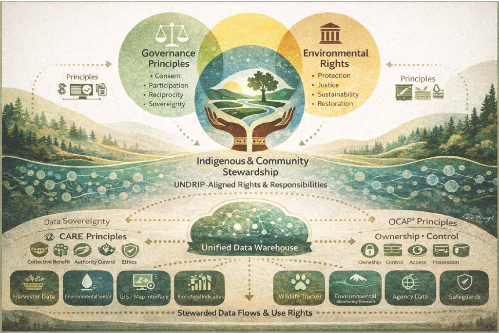 Infographic illustrating Indigenous and community stewardship in data systems. At the center is a circular hub labeled “Indigenous & Community Stewardship,” surrounded by interconnected governance principles including consent, participation, reciprocity, sovereignty, accountability, and care. Outer layers reference Indigenous rights, environmental protection, and restorative responsibilities aligned with UNDRIP, CARE, and OCAP® principles. Arrows and data pathways show information flows being stewarded rather than extracted, emphasizing relational governance, shared authority, and proactive responsibility in data and digital systems.
