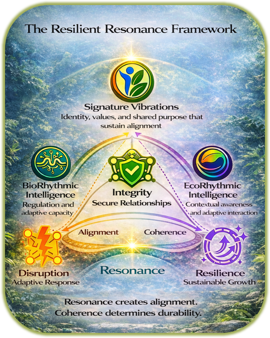 Landscape-oriented infographic with an artistic coastal estuary background. At the top, large text asks: “Does the system remain coherent under pressure and can it adapt without losing its core integrity?” At the center is a shield icon labeled “System Coherence & Integrity,” surrounded by four connected sections representing data science focus areas. The sections are labeled Environmental & Ecological Data Science, Decision Intelligence & Applied Analytics, Responsible / Ethical AI & Data Governance, and Applied Machine Learning, each with brief descriptive text. Arrows connect the sections to the central shield, illustrating how these areas support system resilience, coherence, and integrity across complex systems.