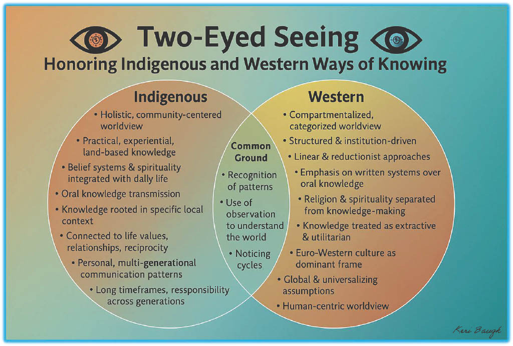 Venn diagram titled “Two-Eyed Seeing: Honoring Indigenous and Western Ways of Knowing.” The left circle, labeled Indigenous, lists holistic, community-centered, land-based, relational, and intergenerational knowledge rooted in local context and oral traditions. The right circle, labeled Western, lists compartmentalized, institutional, linear, written, and globalized knowledge approaches. The overlapping center highlights common ground, including recognition of patterns, observation, and awareness of cycles.